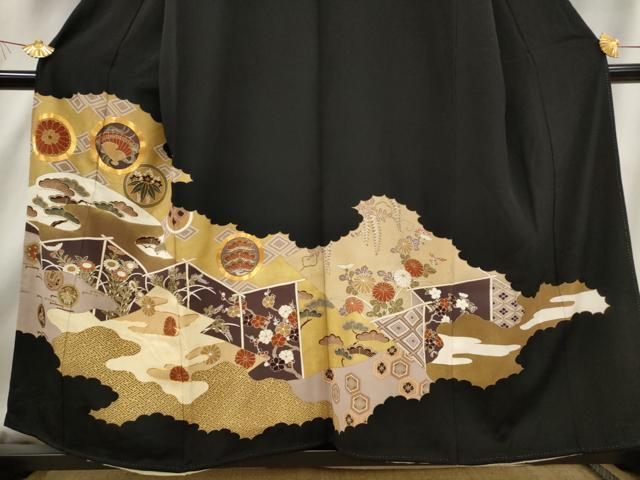 平和屋着物■豪華黒留袖　駒刺繍　吉祥雲取り花文　金彩　正絹　逸品　AABF4368st