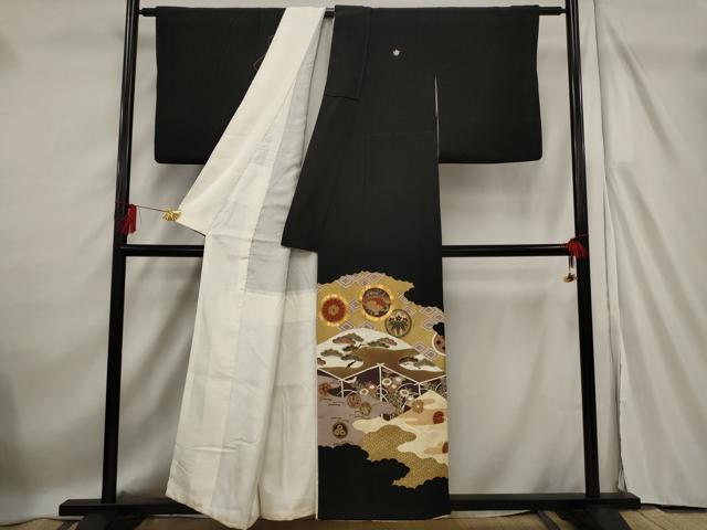 平和屋着物■豪華黒留袖　駒刺繍　吉祥雲取り花文　金彩　正絹　逸品　AABF4368st