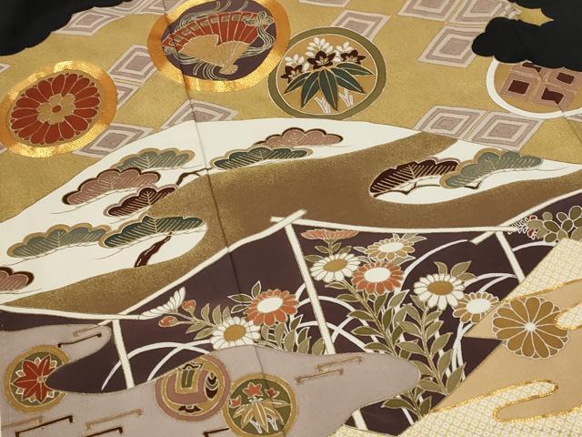 平和屋着物■豪華黒留袖　駒刺繍　吉祥雲取り花文　金彩　正絹　逸品　AABF4368st