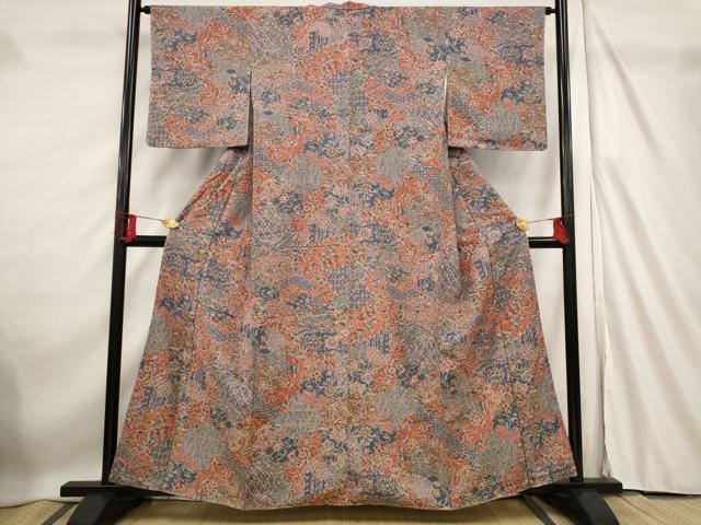 平和屋着物■上質な小紋 紬地 更紗花文 正絹 逸品 未使用 AABF4369st