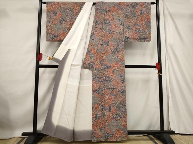 平和屋着物■上質な小紋 紬地 更紗花文 正絹 逸品 未使用 AABF4369st