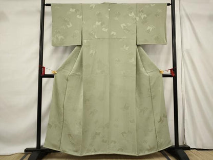 平和屋着物■上質な色無地 色紙重ね地紋 鶸茶色 正絹 逸品 AABF4382st