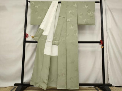 平和屋着物■上質な色無地 色紙重ね地紋 鶸茶色 正絹 逸品 AABF4382st