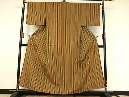平和屋着物▽上質な紬 単衣 縞 正絹 逸品 AABF4401jh