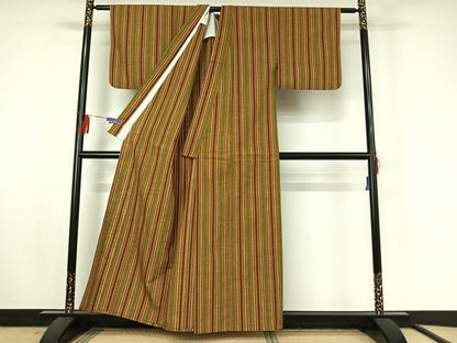 平和屋着物▽上質な紬 単衣 縞 正絹 逸品 AABF4401jh