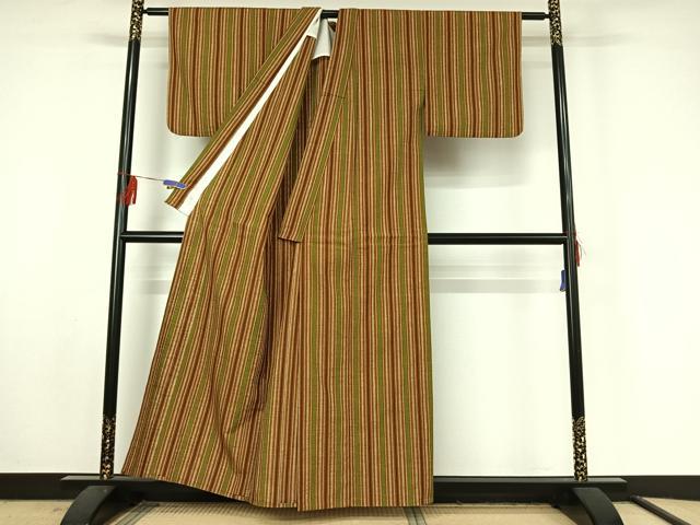平和屋着物▽上質な紬 単衣 縞 正絹 逸品 AABF4401jh