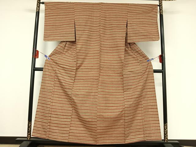 平和屋着物▽上質な紬 単衣 格子 正絹 逸品 AABF4402jh