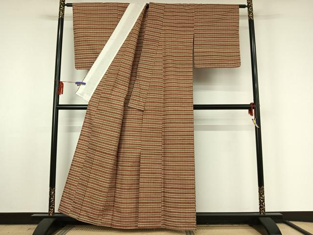 平和屋着物▽上質な紬 単衣 格子 正絹 逸品 AABF4402jh