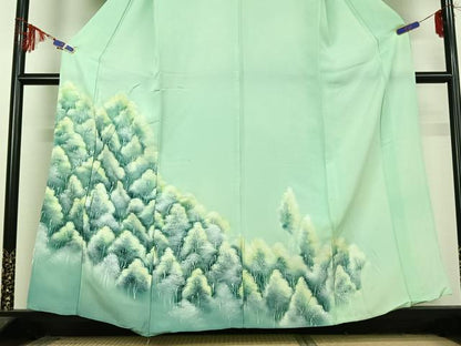 平和屋着物▽訪問着 単衣 手描き 樹林文 暈し染め 正絹 逸品 AABF4408jh
