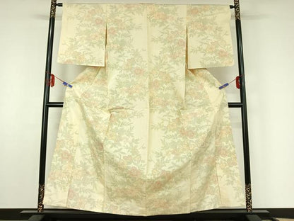 平和屋着物▽上質な紬　単衣　草花文　正絹　逸品　AABF4412jh