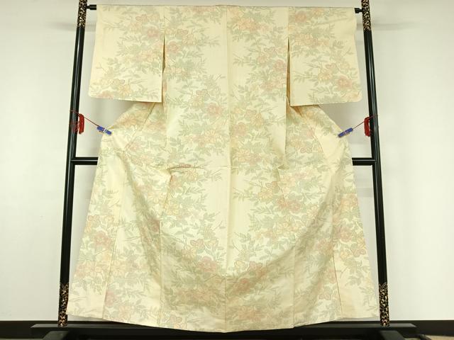 平和屋着物▽上質な紬　単衣　草花文　正絹　逸品　AABF4412jh