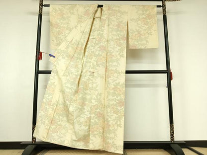 平和屋着物▽上質な紬　単衣　草花文　正絹　逸品　AABF4412jh