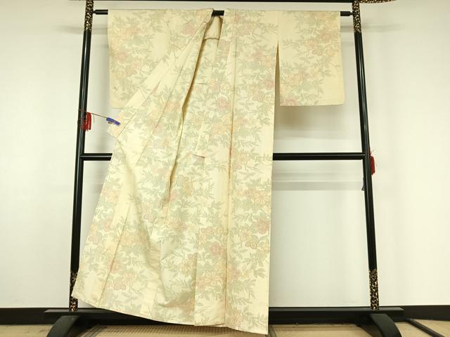 平和屋着物▽上質な紬　単衣　草花文　正絹　逸品　AABF4412jh