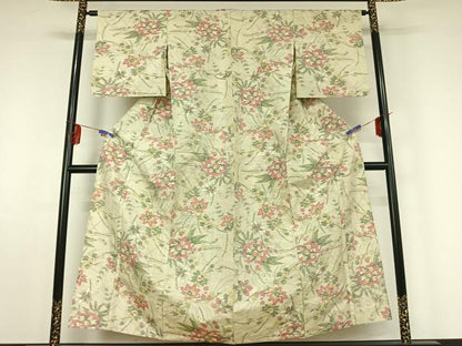 平和屋着物▽上質な紬　単衣　草花文　正絹　逸品　AABF4413jh