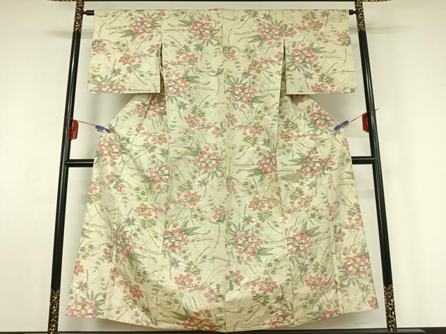 平和屋着物▽上質な紬　単衣　草花文　正絹　逸品　AABF4413jh