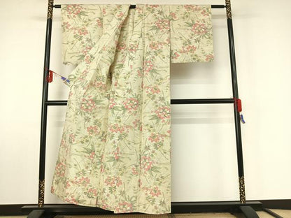 平和屋着物▽上質な紬　単衣　草花文　正絹　逸品　AABF4413jh