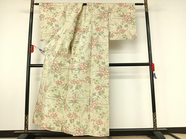 平和屋着物▽上質な紬　単衣　草花文　正絹　逸品　AABF4413jh