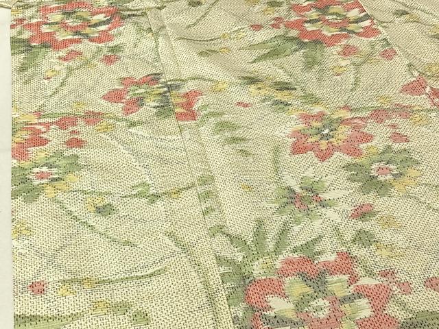 平和屋着物▽上質な紬　単衣　草花文　正絹　逸品　AABF4413jh