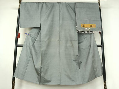 平和屋着物▽男性 葵紬 単衣 灰青色 反端付き 正絹 逸品 AABF4415jh