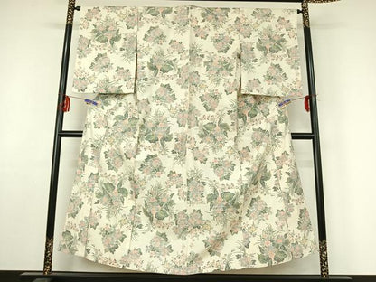 平和屋着物▽上質な紬　単衣　草花文　正絹　逸品　AABF4427jh