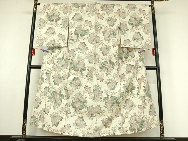 平和屋着物▽上質な紬　単衣　草花文　正絹　逸品　AABF4427jh