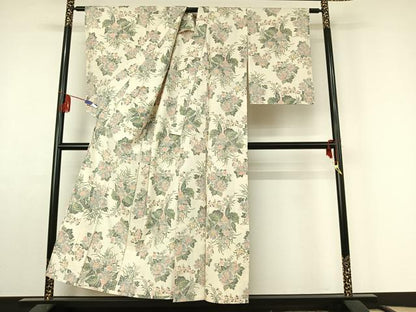 平和屋着物▽上質な紬　単衣　草花文　正絹　逸品　AABF4427jh