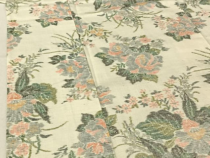 平和屋着物▽上質な紬　単衣　草花文　正絹　逸品　AABF4427jh