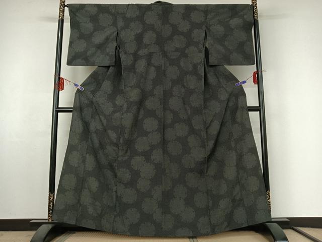 平和屋着物▽本塩沢　単衣　雪輪文　黒地　正絹　逸品　AABF4428jh