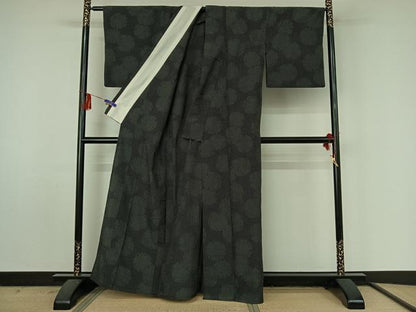 平和屋着物▽本塩沢　単衣　雪輪文　黒地　正絹　逸品　AABF4428jh