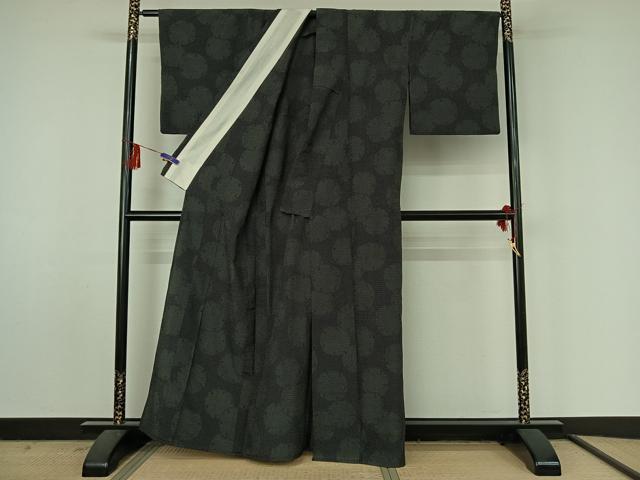 平和屋着物▽本塩沢　単衣　雪輪文　黒地　正絹　逸品　AABF4428jh
