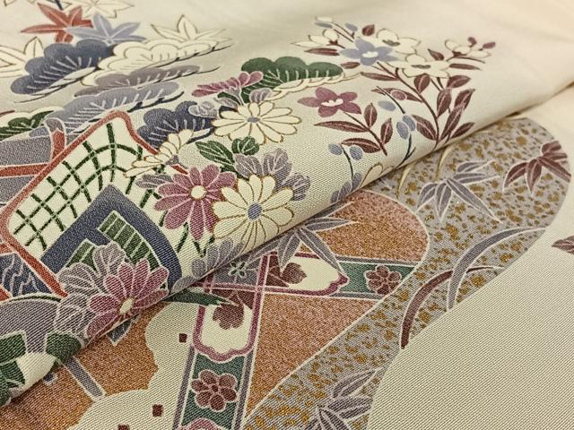 平和屋着物▽訪問着　単衣　花車文　金彩　正絹　逸品　AABF4433jh