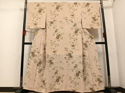 平和屋着物●上質な小紋 草花文 金彩 鬼しぼ縮緬 正絹 逸品 AABF4448ph