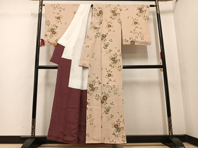 平和屋着物●上質な小紋 草花文 金彩 鬼しぼ縮緬 正絹 逸品 AABF4448ph