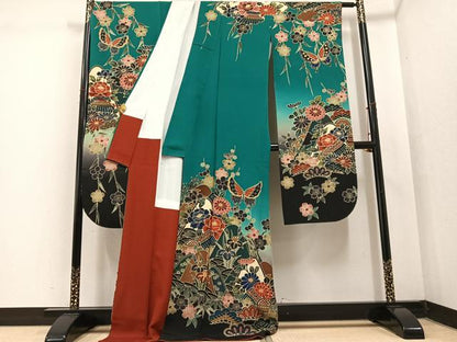 平和屋着物●手ざし京紅型染・宮崎紅型 宮崎良次 振袖 花蝶文 暈し染め ロング丈 正絹 逸品 AABF4461ph
