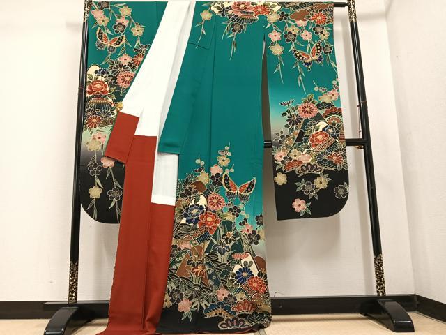 平和屋着物●手ざし京紅型染・宮崎紅型 宮崎良次 振袖 花蝶文 暈し染め ロング丈 正絹 逸品 AABF4461ph