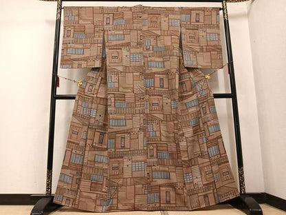 平和屋着物●上質な小紋 紬地 風景文 正絹 逸品 AABF4464ph