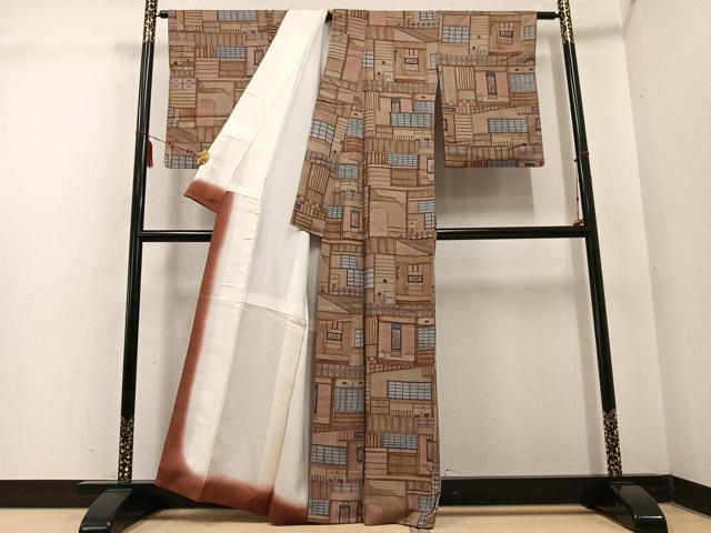 平和屋着物●上質な小紋 紬地 風景文 正絹 逸品 AABF4464ph