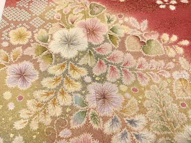 平和屋着物●豪華振袖 作家物 絞り 草花文 金彩 金通し地 正絹 逸品 AABF4465ph