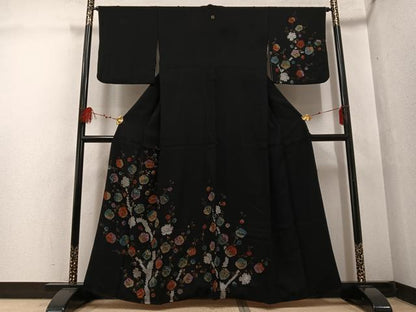 平和屋着物●訪問着 絞り 枝梅 黒地 金彩 正絹 逸品 AABF4481ph