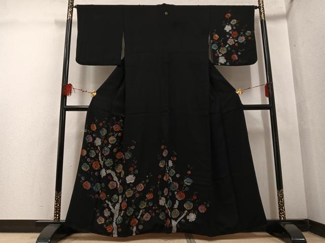 平和屋着物●訪問着 絞り 枝梅 黒地 金彩 正絹 逸品 AABF4481ph