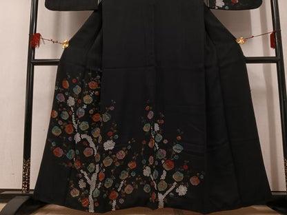平和屋着物●訪問着 絞り 枝梅 黒地 金彩 正絹 逸品 AABF4481ph