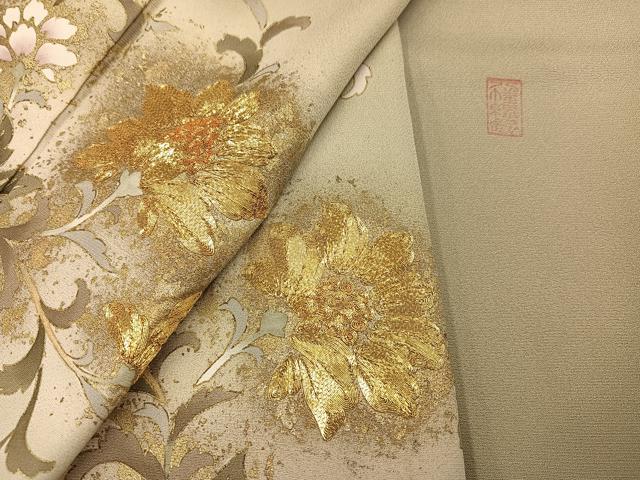 平和屋着物●訪問着 駒刺繍 八幡縁起 更紗唐草文 暈し染め 金彩 正絹 逸品 AABF4487ph