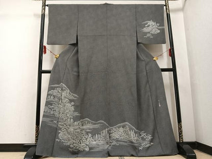 平和屋着物●伝統工芸師 服部光擴 江戸小紋 訪問着 風景樹林文 黒地 正絹 逸品 AABF4490ph