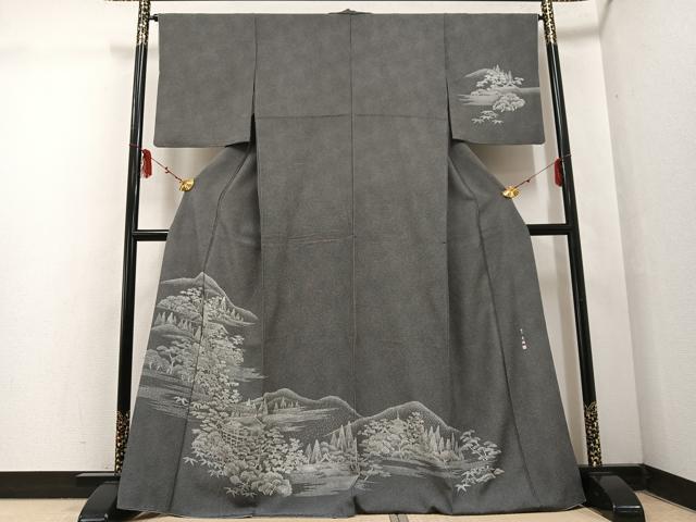平和屋着物●伝統工芸師 服部光擴 江戸小紋 訪問着 風景樹林文 黒地 正絹 逸品 AABF4490ph