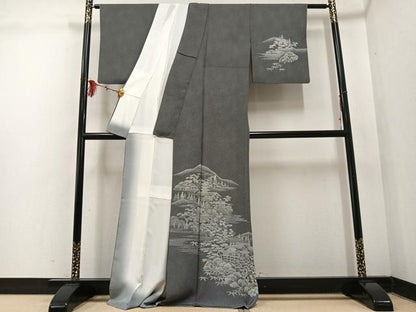 平和屋着物●伝統工芸師 服部光擴 江戸小紋 訪問着 風景樹林文 黒地 正絹 逸品 AABF4490ph