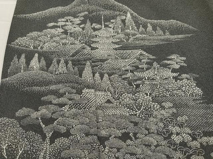 平和屋着物●伝統工芸師 服部光擴 江戸小紋 訪問着 風景樹林文 黒地 正絹 逸品 AABF4490ph