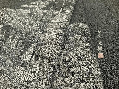 平和屋着物●伝統工芸師 服部光擴 江戸小紋 訪問着 風景樹林文 黒地 正絹 逸品 AABF4490ph