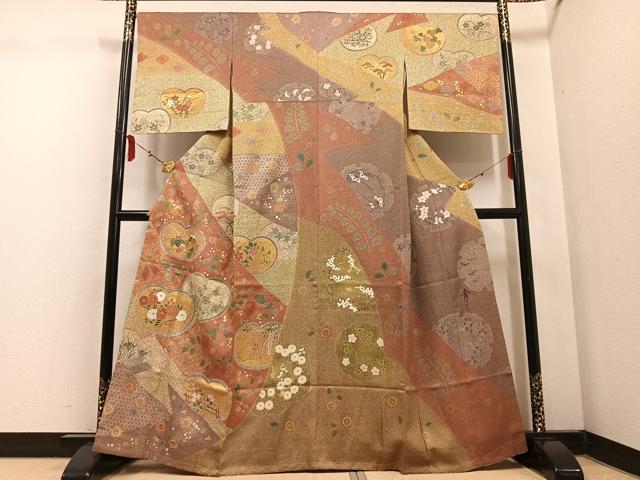 平和屋着物●京友禅の第一人者 松井青々 訪問着 駒刺繍 雪輪草花文 金彩 金通し地 正絹 逸品 AABF4494ph