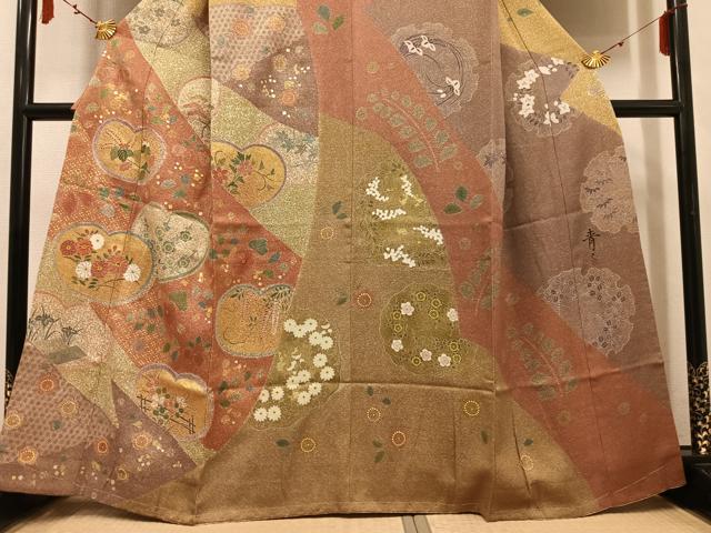 平和屋着物●京友禅の第一人者 松井青々 訪問着 駒刺繍 雪輪草花文 金彩 金通し地 正絹 逸品 AABF4494ph