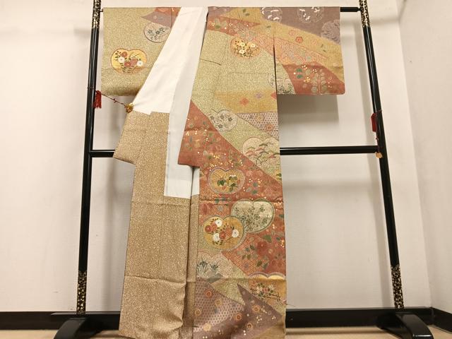 平和屋着物●京友禅の第一人者 松井青々 訪問着 駒刺繍 雪輪草花文 金彩 金通し地 正絹 逸品 AABF4494ph